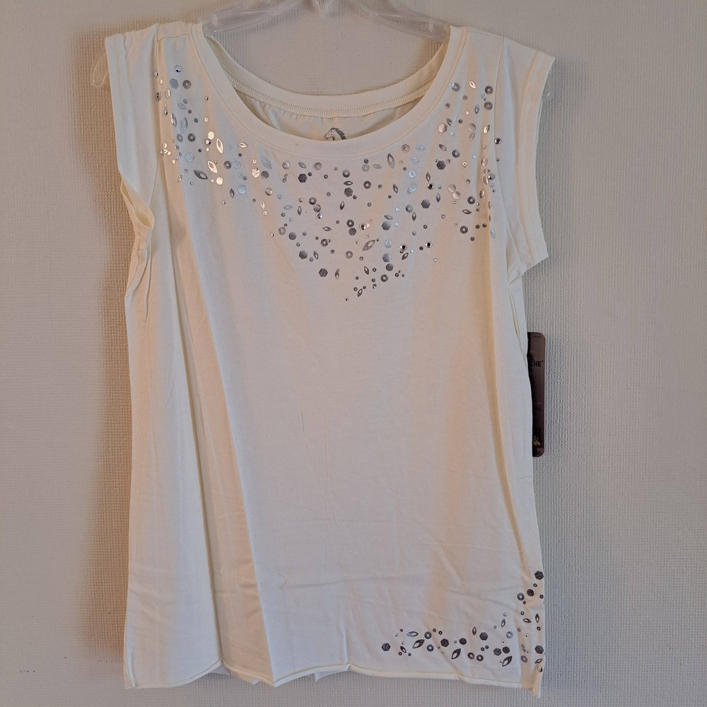 Jordache "Stone & Stud" Cap Sleeve Top Womens S Cream NWT 1421-330